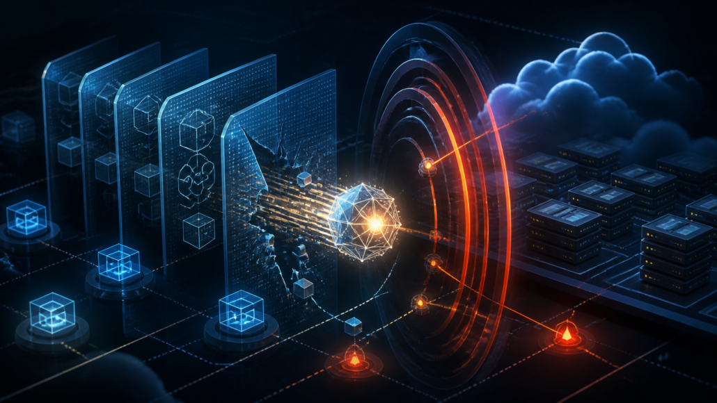 Abstract security operations visual showing an AI agent crossing layered sandbox boundaries into cloud infrastructure