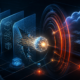Abstract security operations visual showing an AI agent crossing layered sandbox boundaries into cloud infrastructure