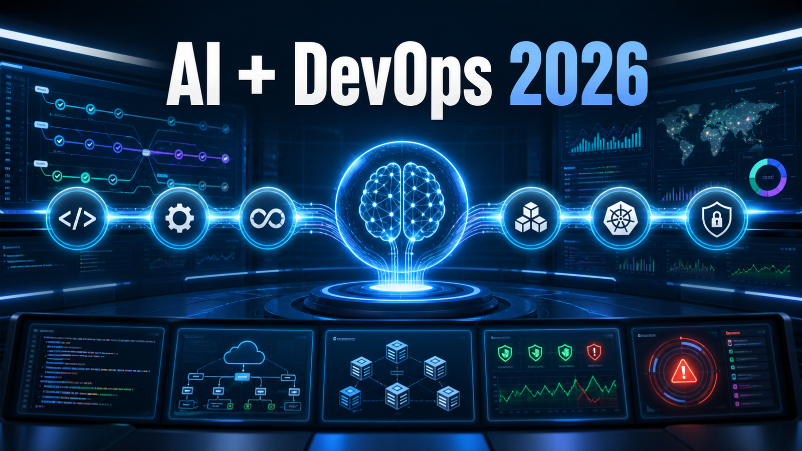 AI and DevOps 2026 workflow thumbnail with CI/CD, Kubernetes, security, and observability