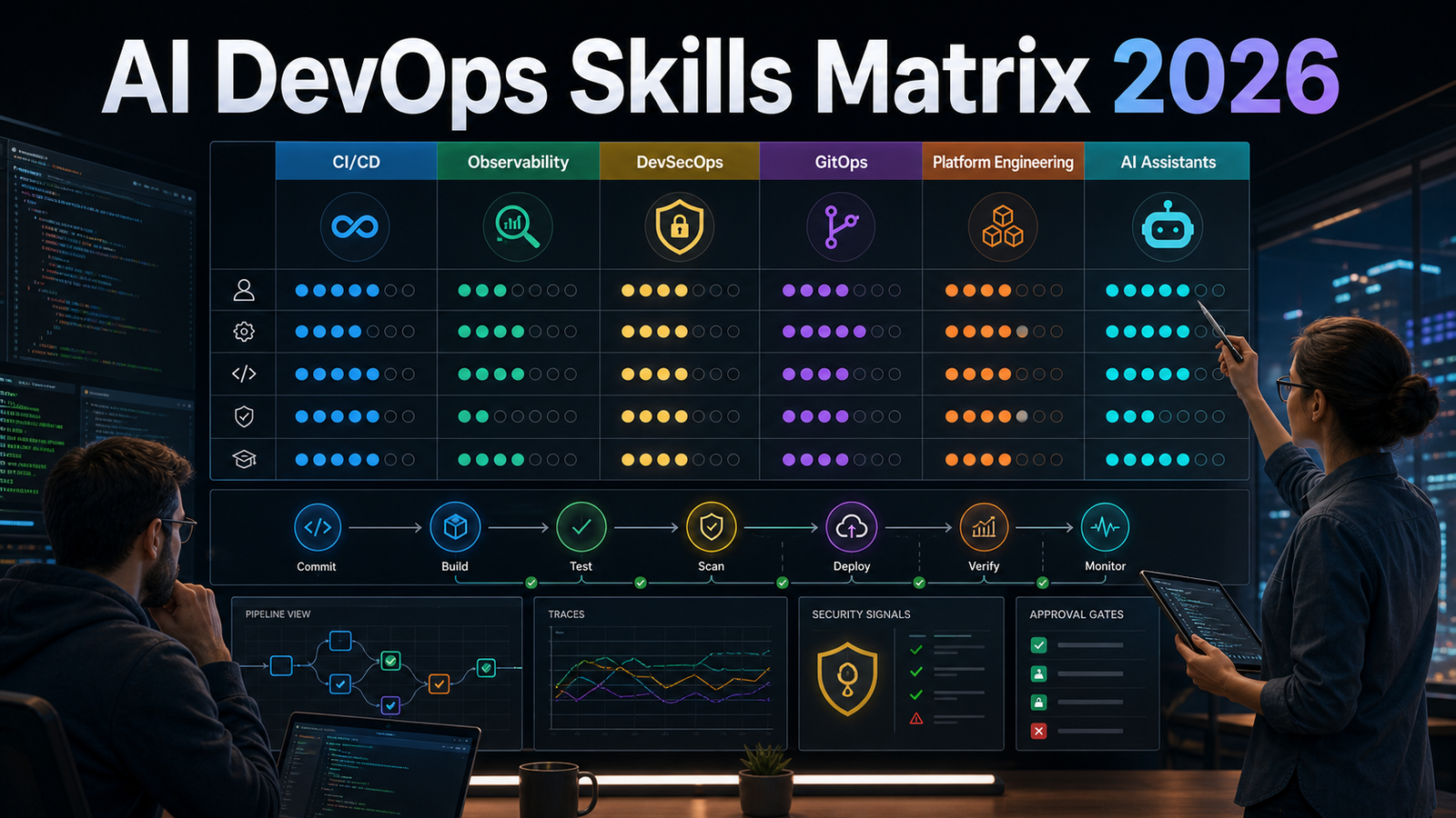 AI DevOps skills matrix showing engineers balancing CI/CD, observability, security, platform engineering, and safe AI automation.
