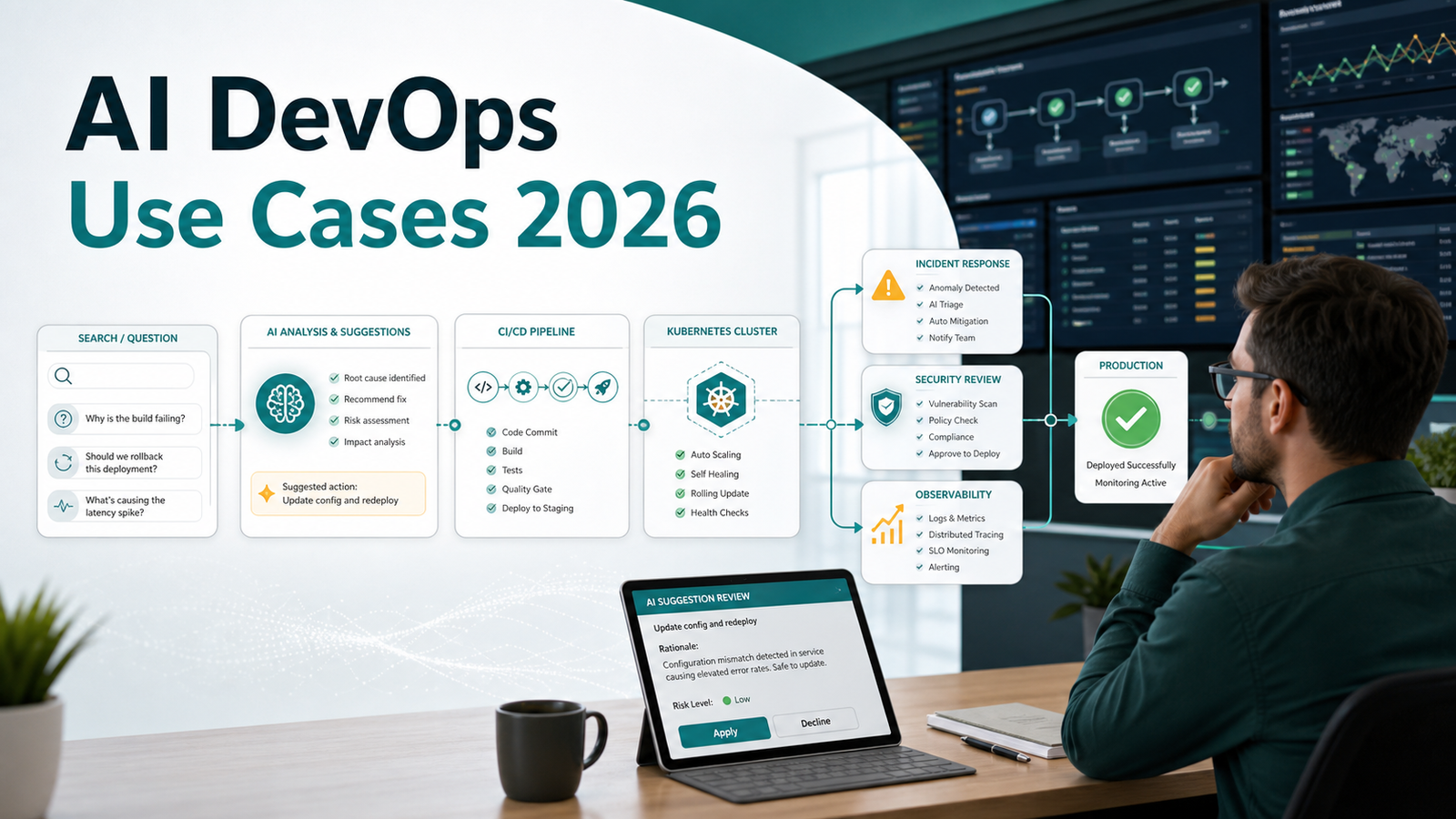 AI DevOps Use Cases 2026 thumbnail showing search questions flowing into CI/CD, Kubernetes, security review, and production approval.