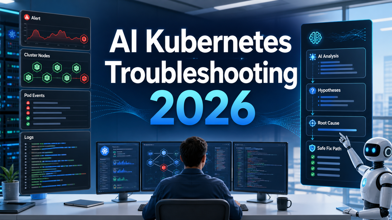 AI Kubernetes Troubleshooting 2026 featured thumbnail showing cluster alerts, logs, AI analysis, hypotheses, root cause, and safe fix path
