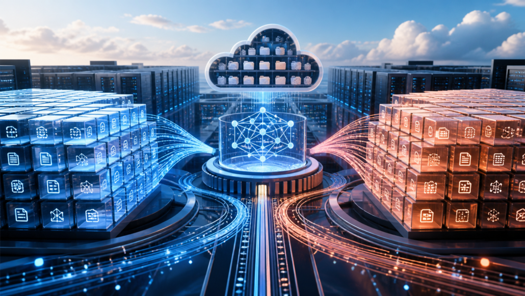 Abstract open AI infrastructure joining large model and dataset archives through a central distribution hub