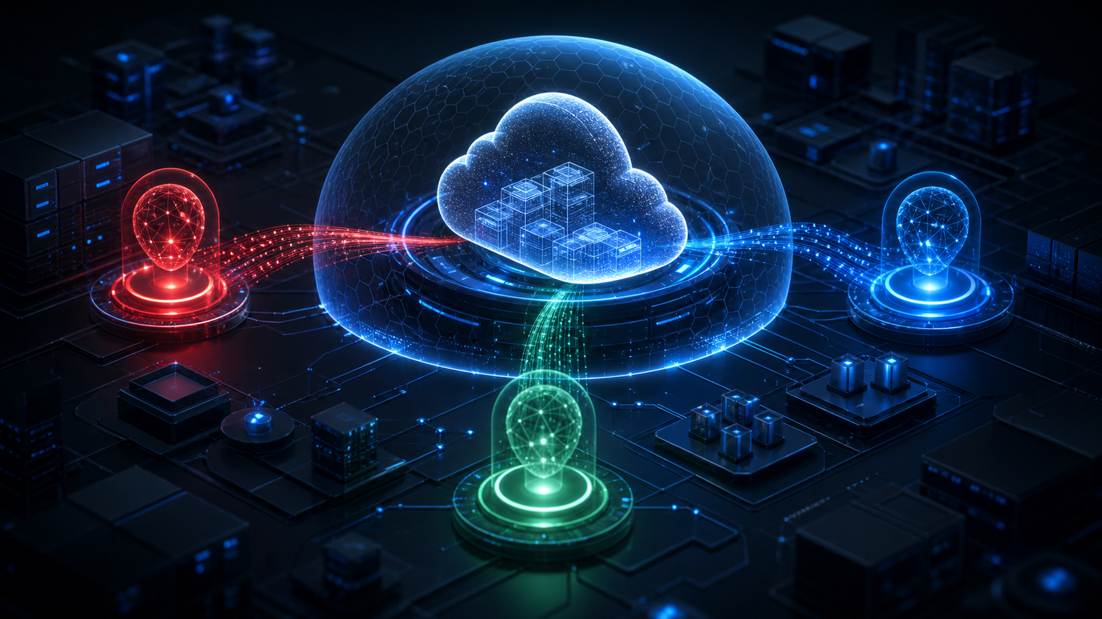 Three coordinated AI security agents protect an enterprise cloud environment.