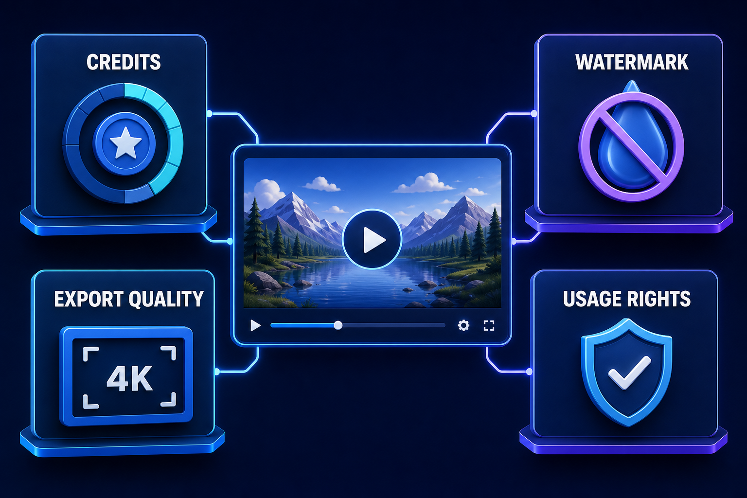 Free AI video generator selection checklist comparing credits, watermark, export quality and usage rights