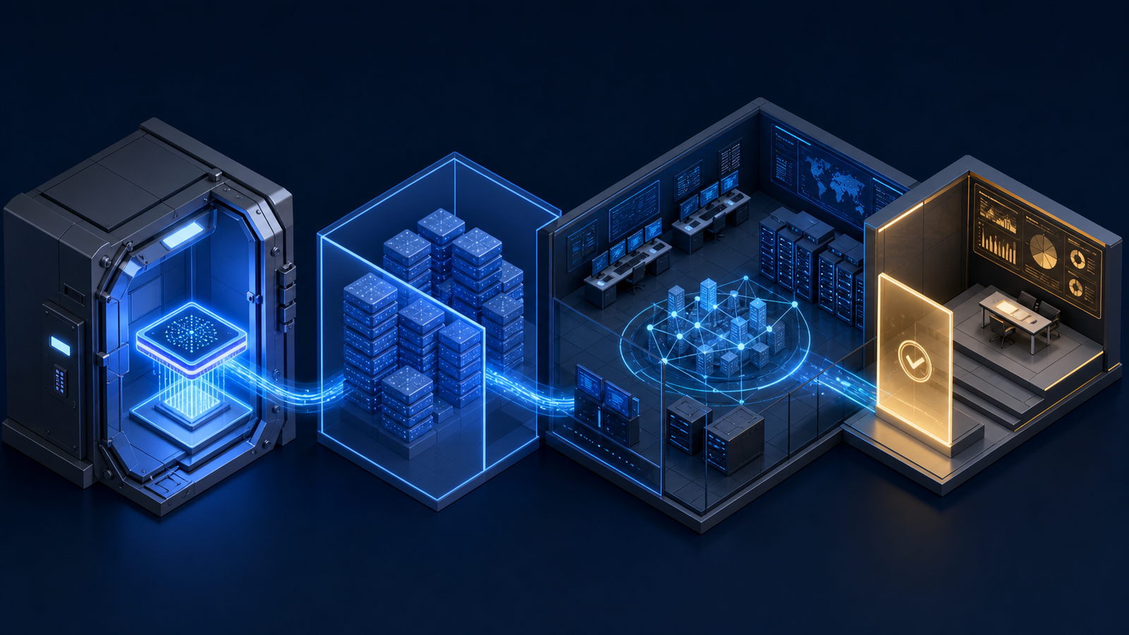 Diagram-style illustration of an AI model entering a secure federal cyber evaluation environment