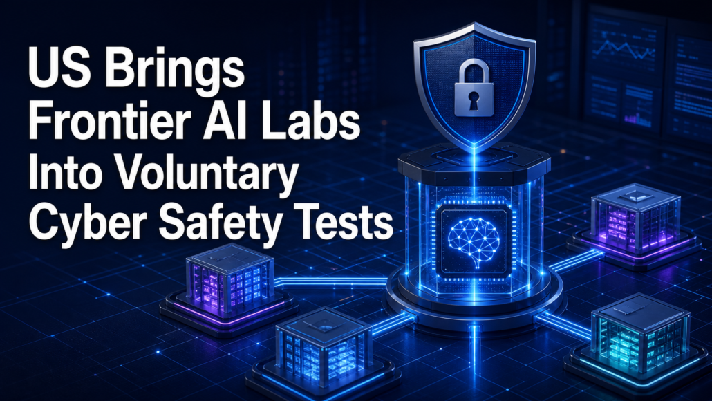 Editorial illustration of a secure AI processor connected to four frontier labs under a cyber safety shield