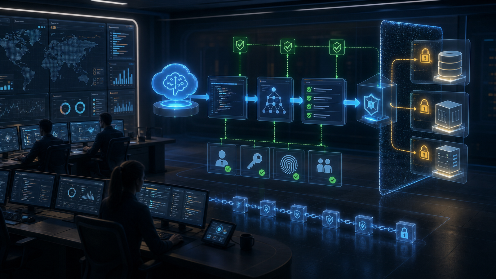 Security operations team monitoring an AI agent with approval gates, audit logs and restricted cloud access