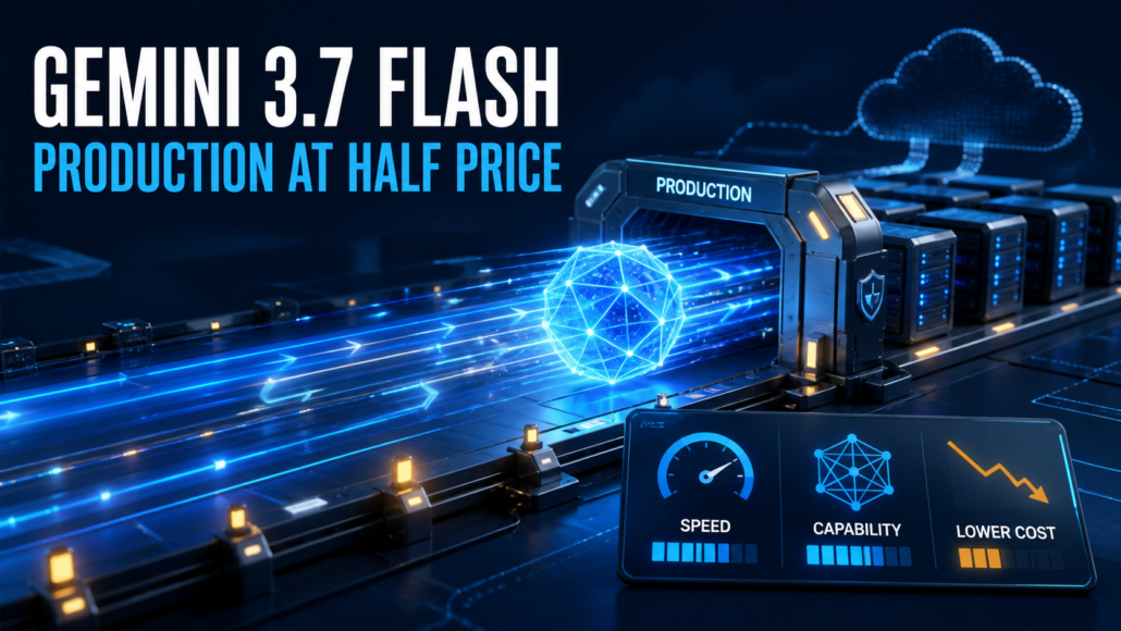 Gemini 3.7 Flash model moving through a guarded production inference pipeline with speed, capability and lower-cost indicators