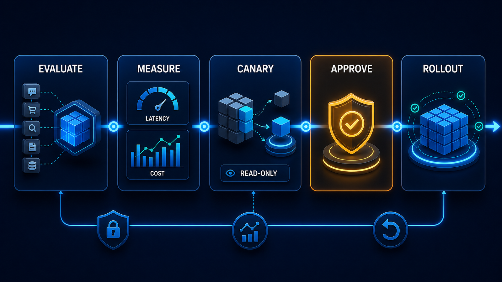 Five-stage Gemini 3.7 Flash production rollout showing evaluation, measurement, read-only canary, human approval and controlled rollout