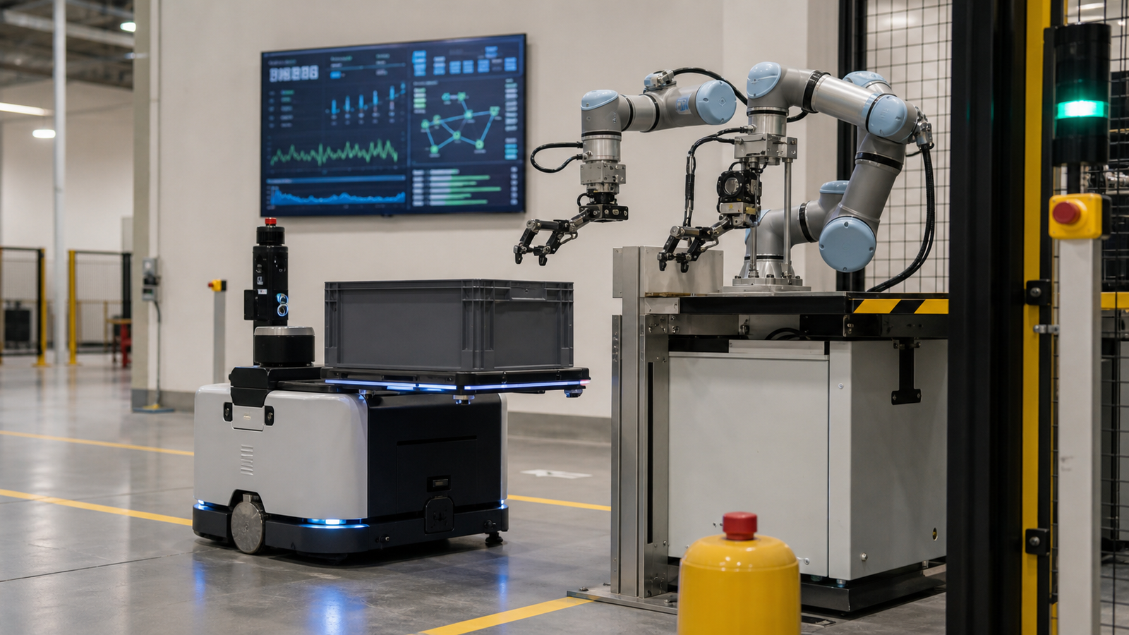 Two different warehouse robots coordinate a guarded handoff while an operations dashboard records telemetry
