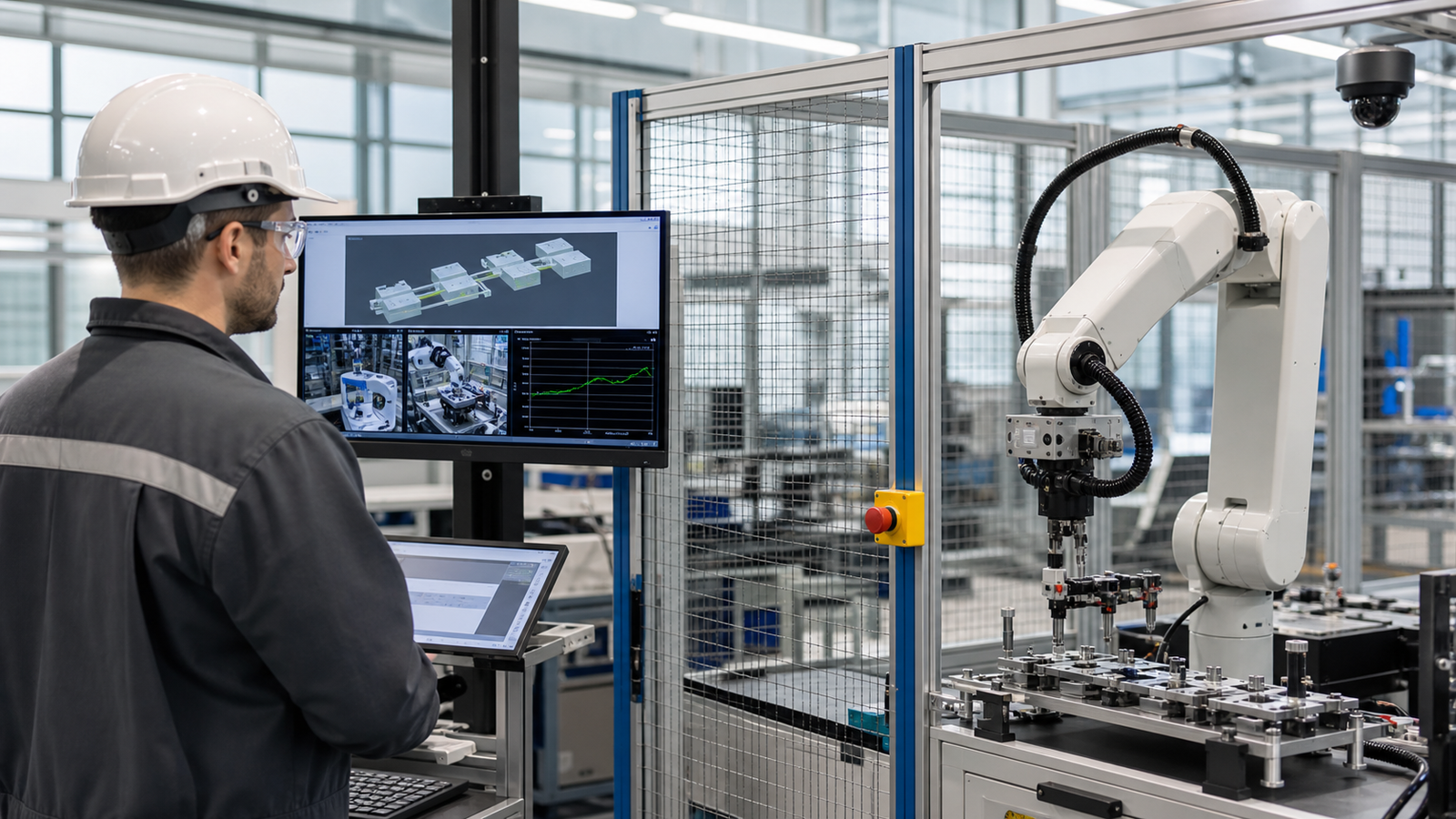 A robotics operations engineer monitors a physical AI workflow with video progress checks and guarded task handoffs
