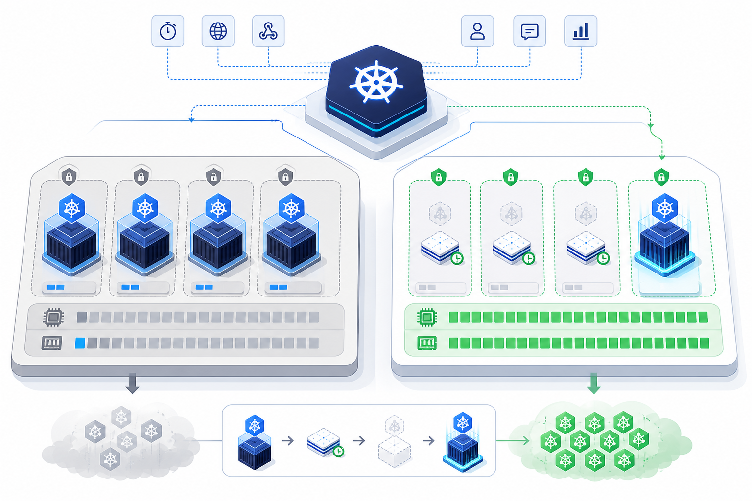 Illustration comparing always-on isolated AI agents with GKE-sandboxed agents suspended to snapshots and resumed on demand