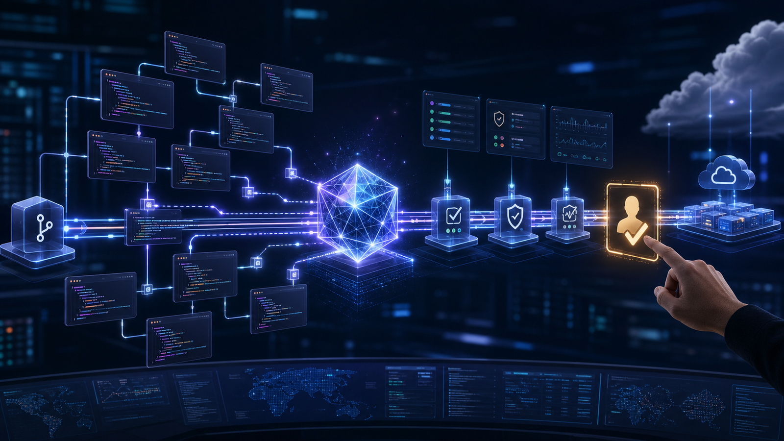 Long-running AI coding agent moving through tests, security checks, observability and human approval before cloud deployment