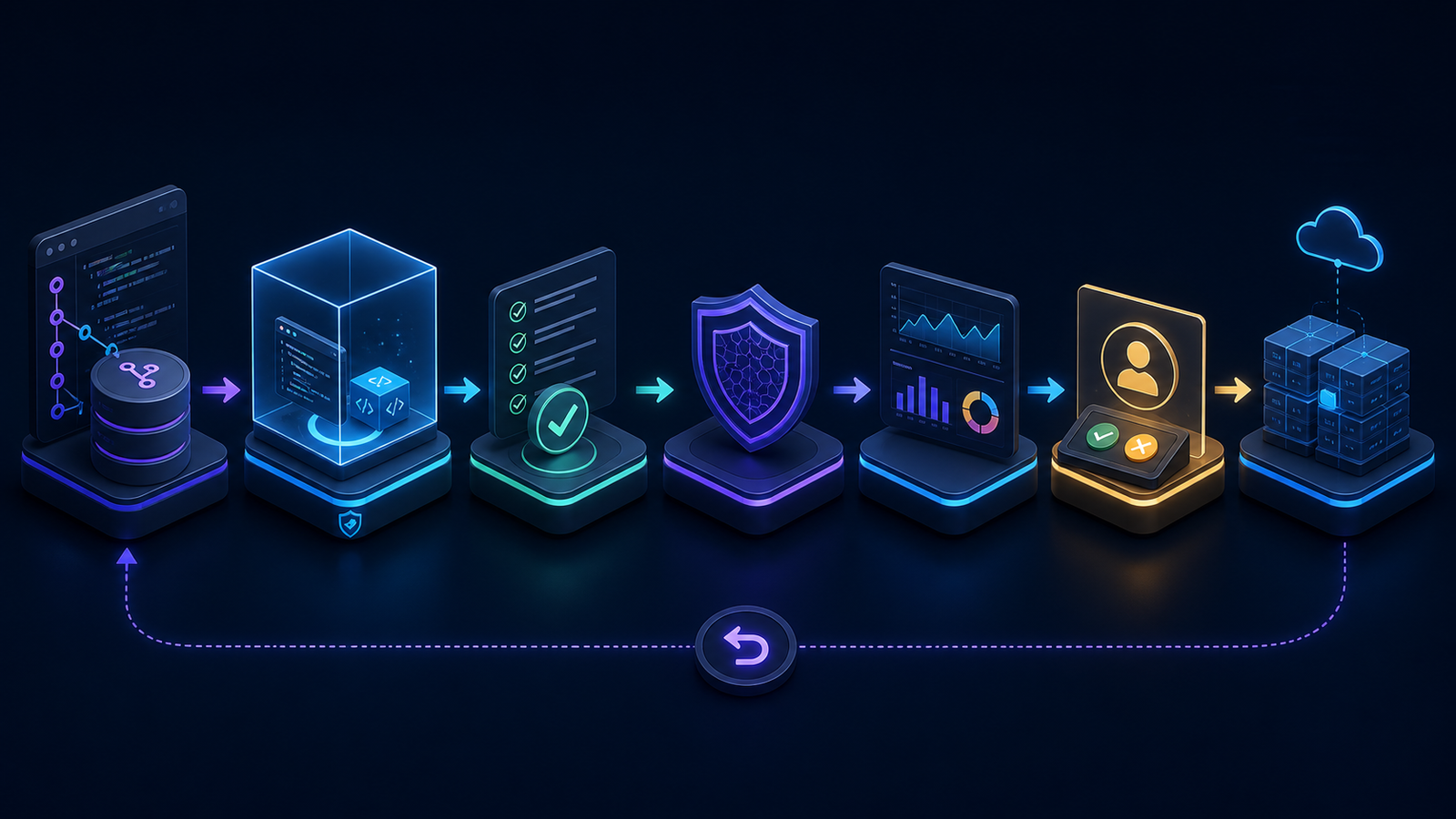 Guarded AI coding agent pipeline from repository and sandbox through tests, security, telemetry, human approval, deployment and rollback