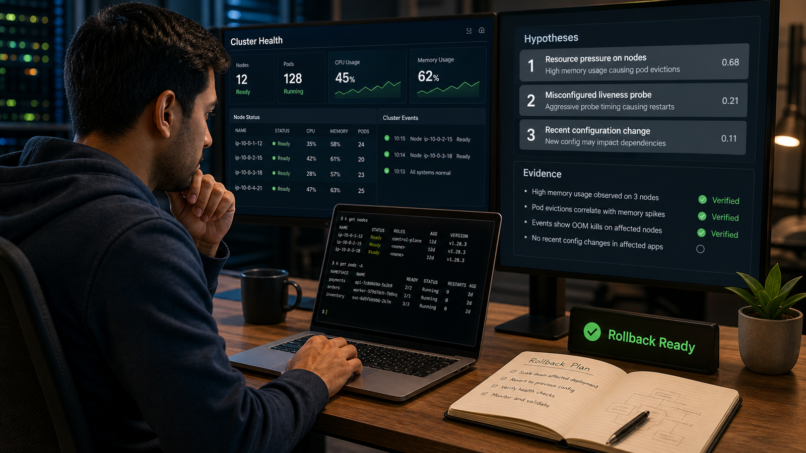 DevOps engineer reviewing AI-ranked Kubernetes root causes before applying a rollback-safe production fix