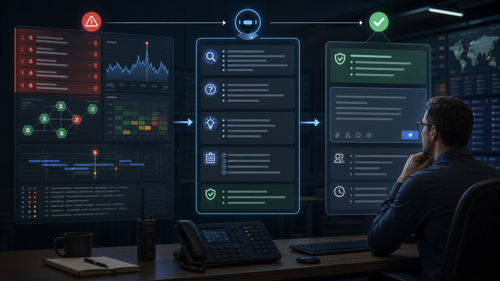Incident response AI assistant summarizing facts hypotheses and safe next actions