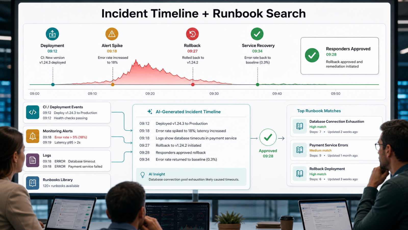 Incident response dashboard showing an AI-generated timeline, alert spike, rollback approval, and runbook matches.