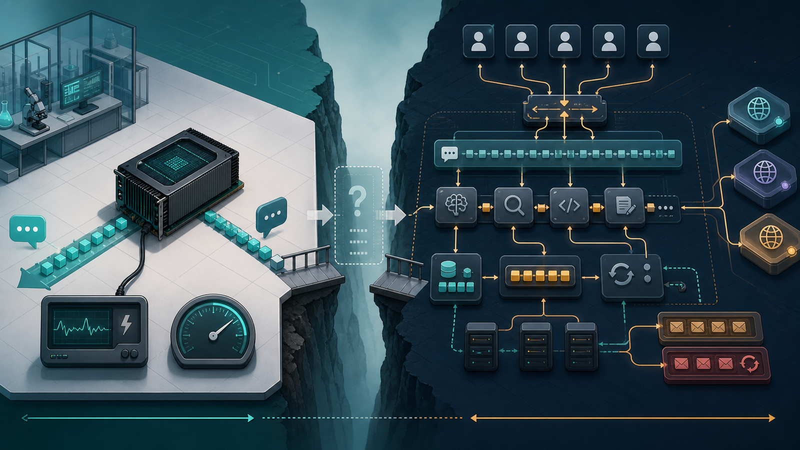 Illustration contrasting a controlled AI chip benchmark with complex production agent traffic, routing, caches, queues, retries and regional endpoints
