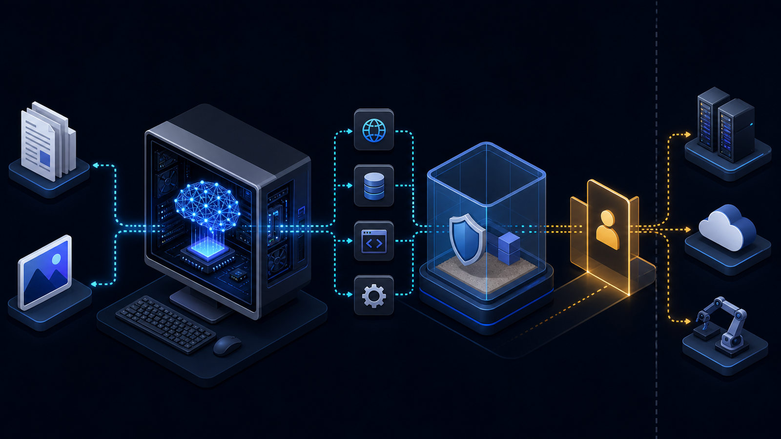 Diagram of a local AI agent processing documents and images, calling tools inside a sandbox, and passing through a human approval gate before reaching production systems