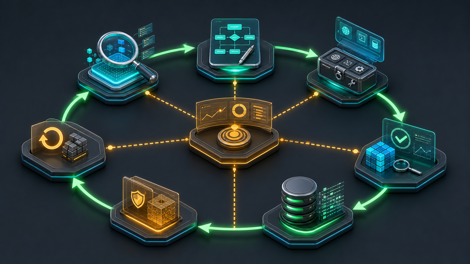 Long-horizon AI agent loop connecting context inspection, planning, tools, evaluation, memory, recovery and supervisor oversight