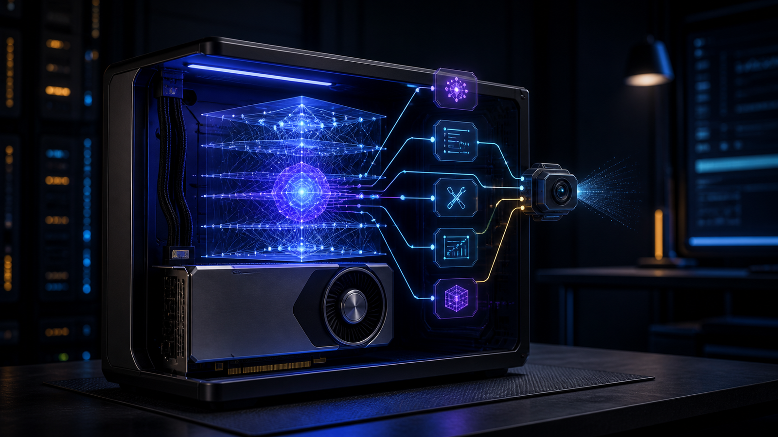 Editorial illustration of a local AI agent running inside a single GPU workstation