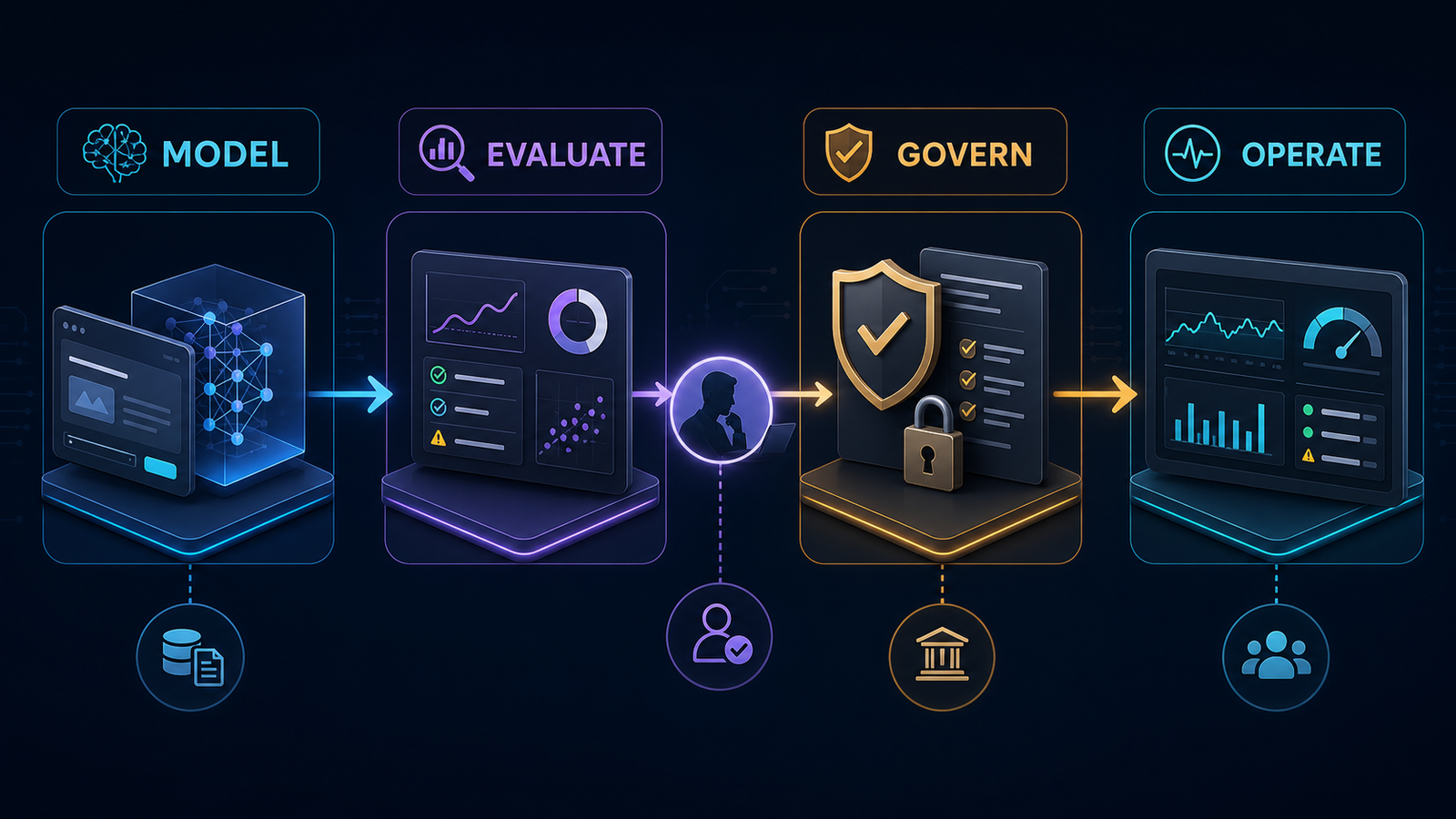 Enterprise AI production flow from model to evaluation, governance and operations