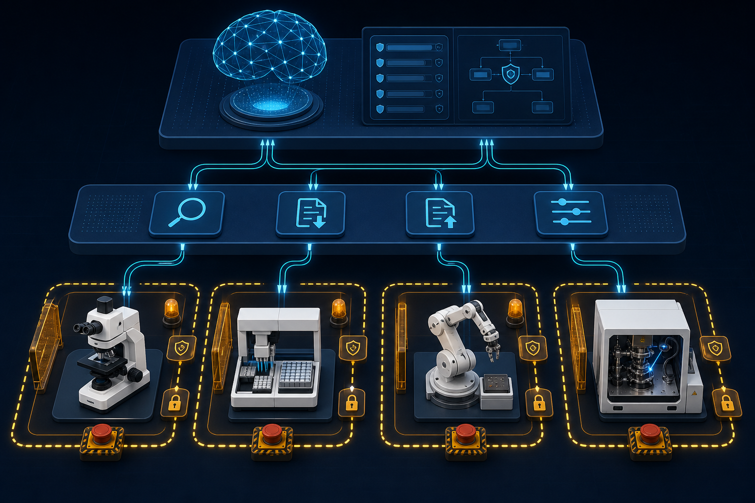 Layered Model Hardware Standard architecture showing agent controls, common drivers and isolated physical devices with safety boundaries.