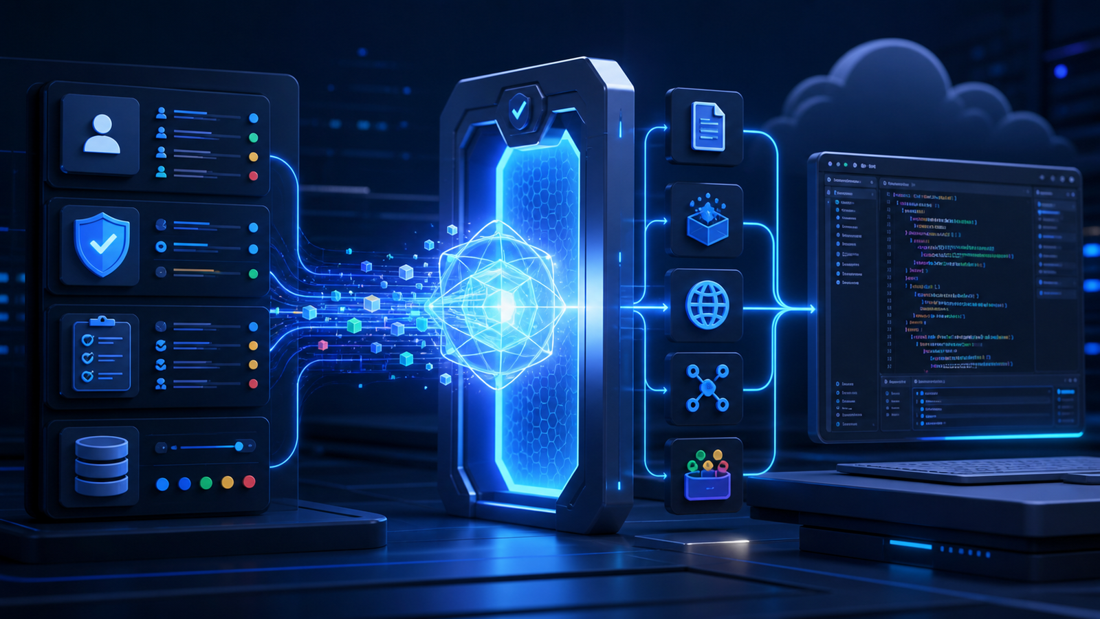 Editorial illustration of an AI coding agent passing through enterprise identity, policy, audit and tool-access controls before reaching a developer IDE.