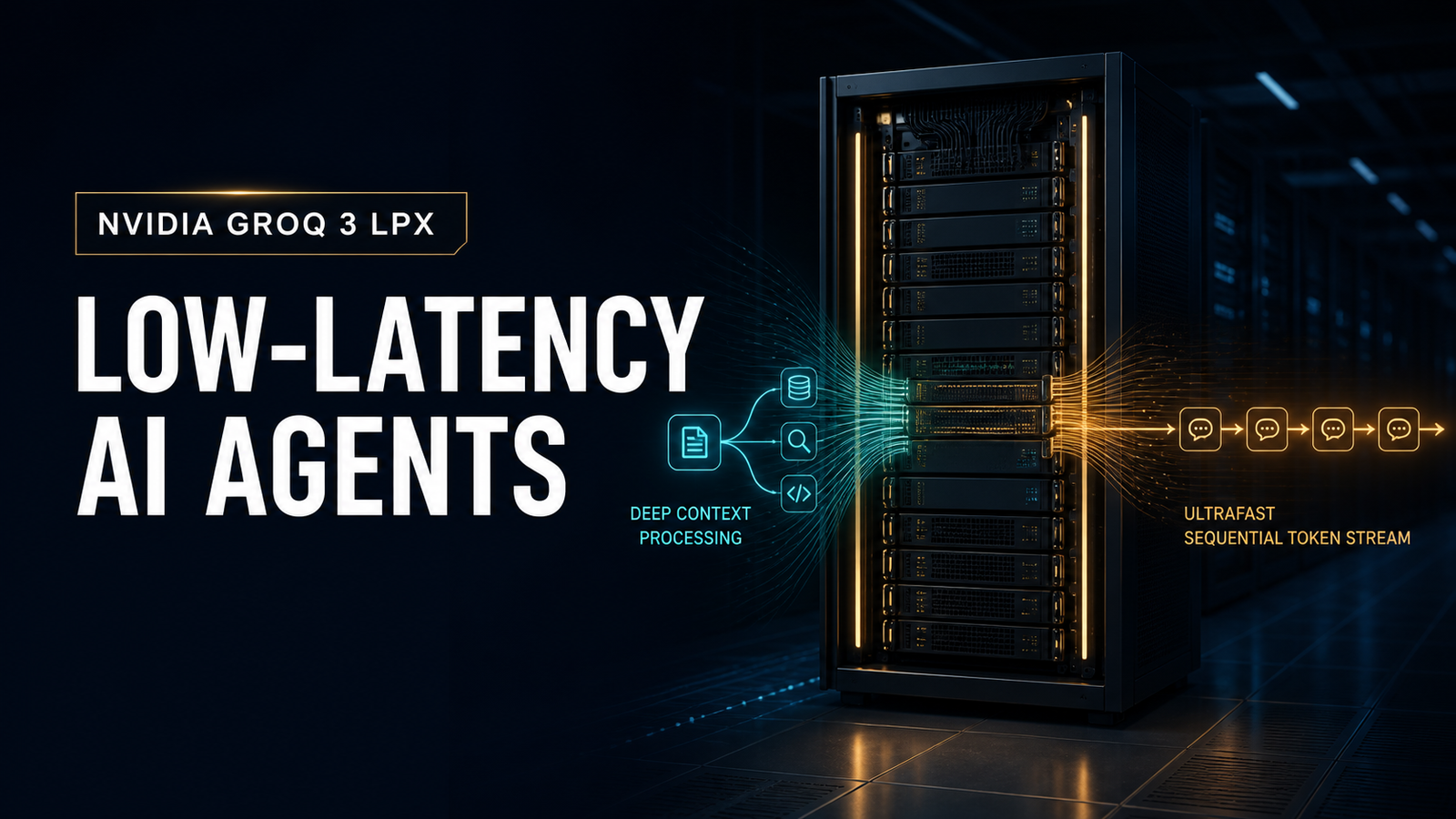 NVIDIA Groq 3 LPX rack visualizing deep-context processing and low-latency token generation for AI agents