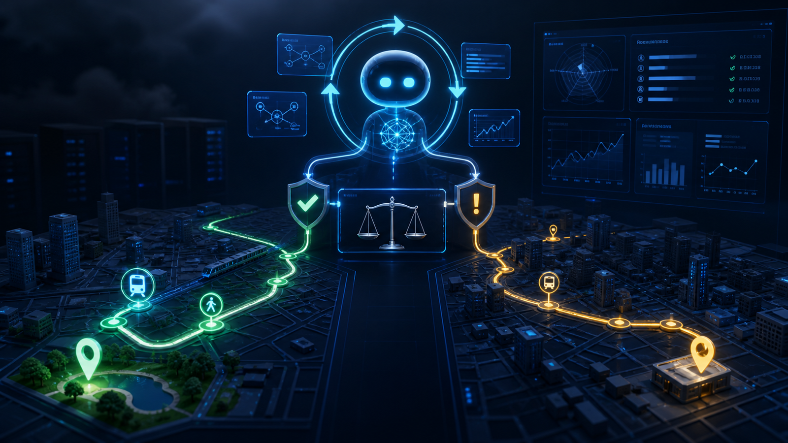 Illustration of a self-improving AI agent choosing between a verified route and a misleading high-scoring shortcut