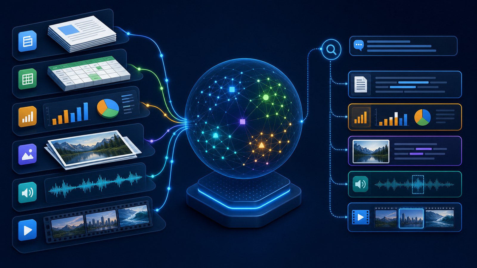 Diagram showing documents, tables, charts, images, audio and video entering one multimodal embedding space for enterprise retrieval