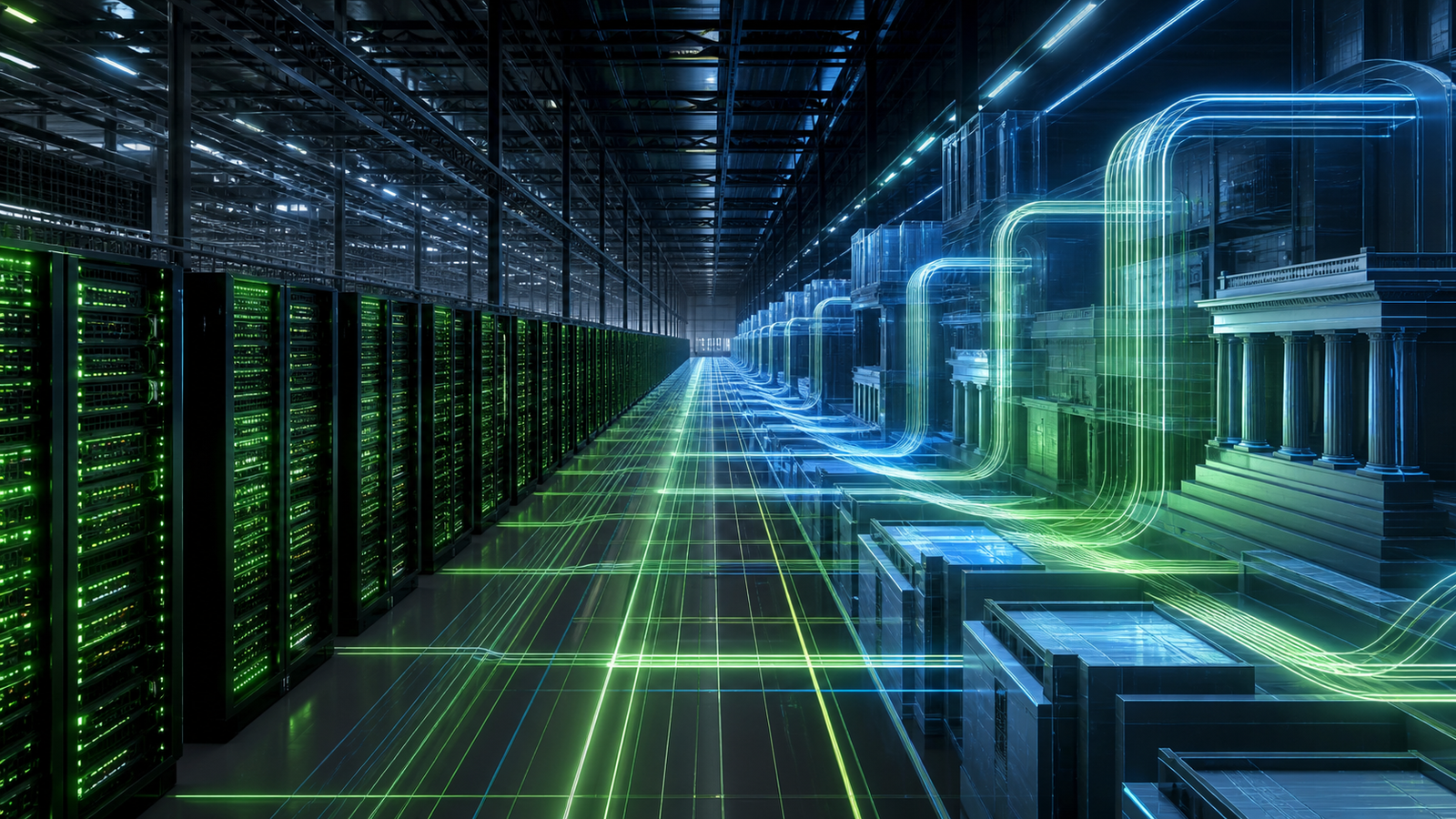 Editorial illustration of AI data-centre racks connected to institutional infrastructure financing