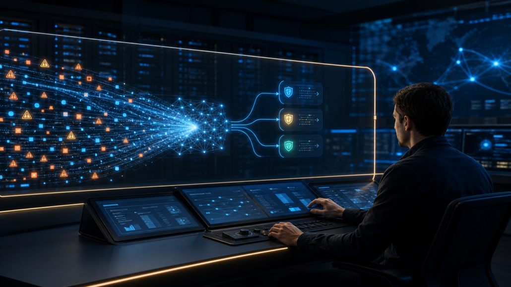 Abstract editorial visualization of an AI security operations center correlating alerts while a human reviewer controls production actions