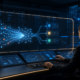 Abstract editorial visualization of an AI security operations center correlating alerts while a human reviewer controls production actions