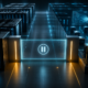 Abstract frontier AI compute cluster paused behind a security checkpoint while monitoring systems inspect agent activity