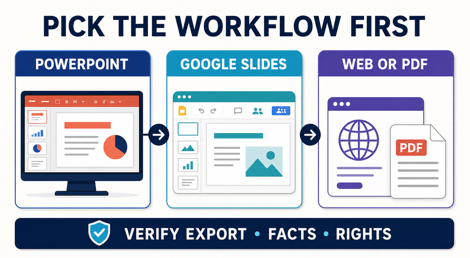 Choose an AI presentation tool by PowerPoint, Google Slides or web and PDF workflow