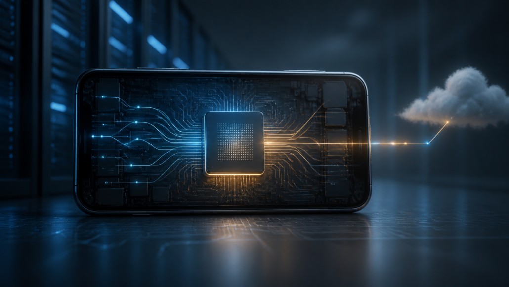 Editorial illustration of a smartphone with an efficient on-device AI accelerator connected to a restrained cloud service