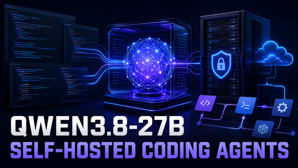 Abstract open-weight AI model core connected to a private coding and cloud operations stack.