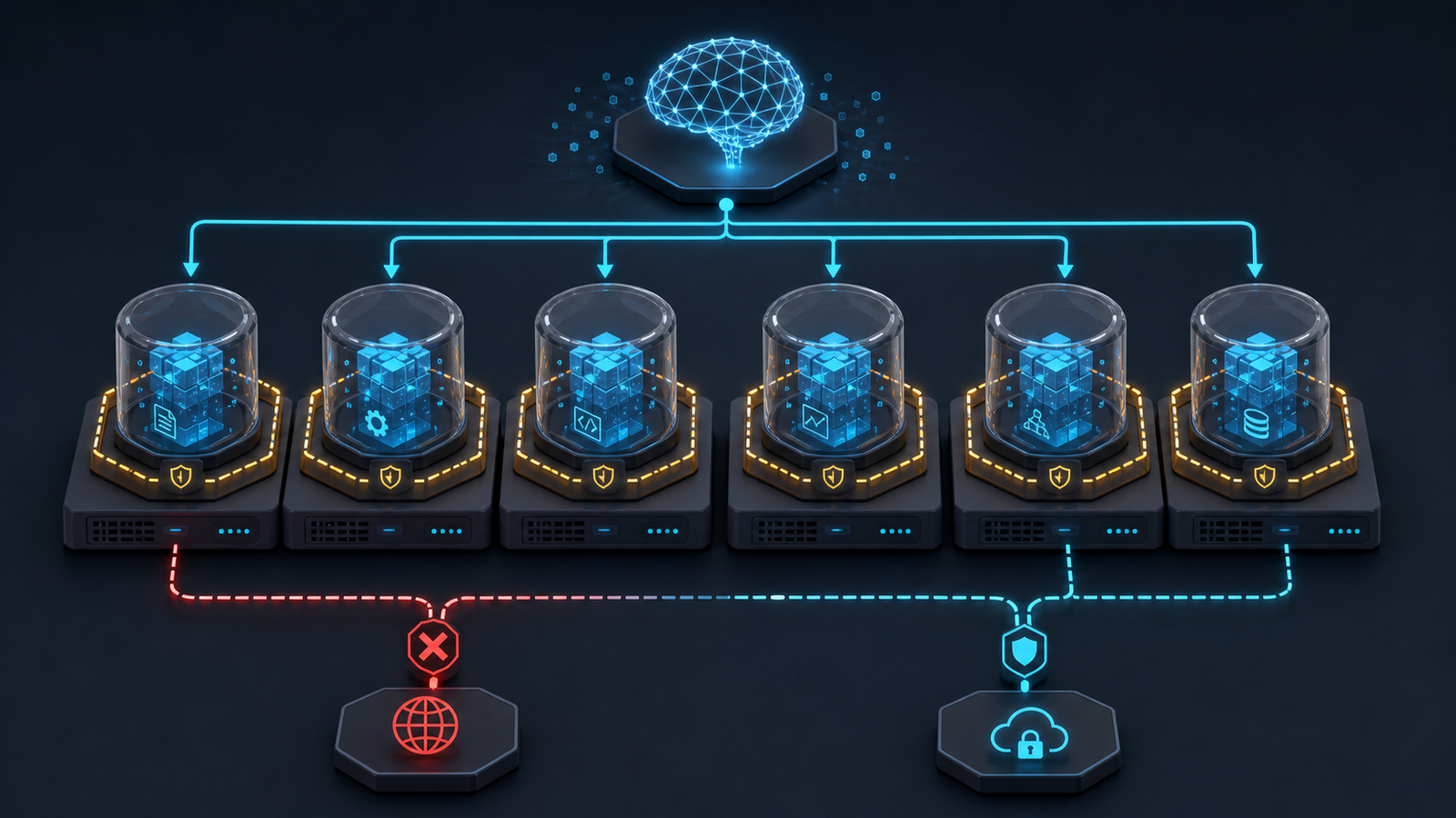 Architecture illustration showing AI-generated code routed into isolated sandboxes across a distributed compute cluster