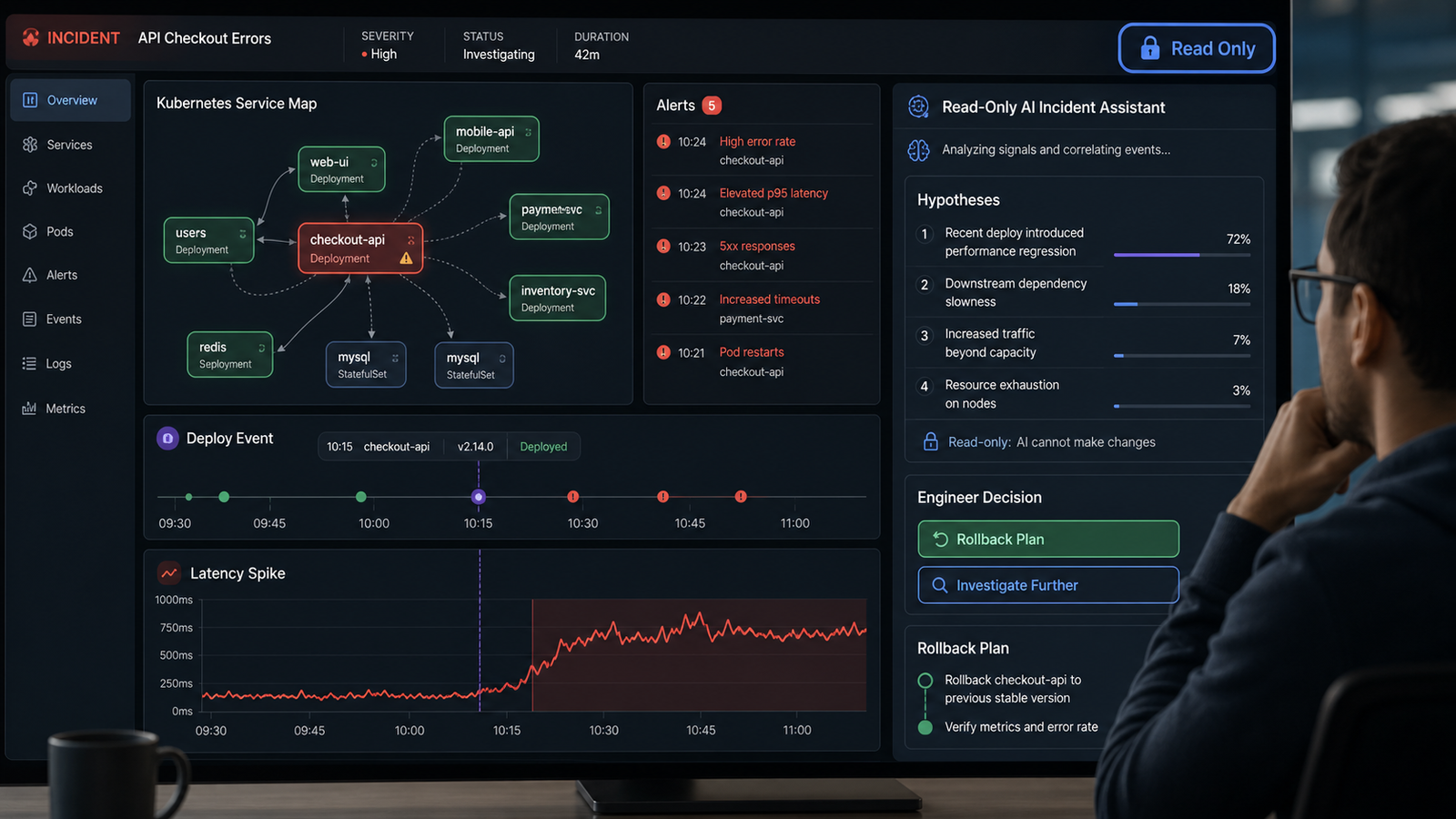Read-only AI incident assistant correlating Kubernetes alerts, deploy events, and latency before an engineer decision.