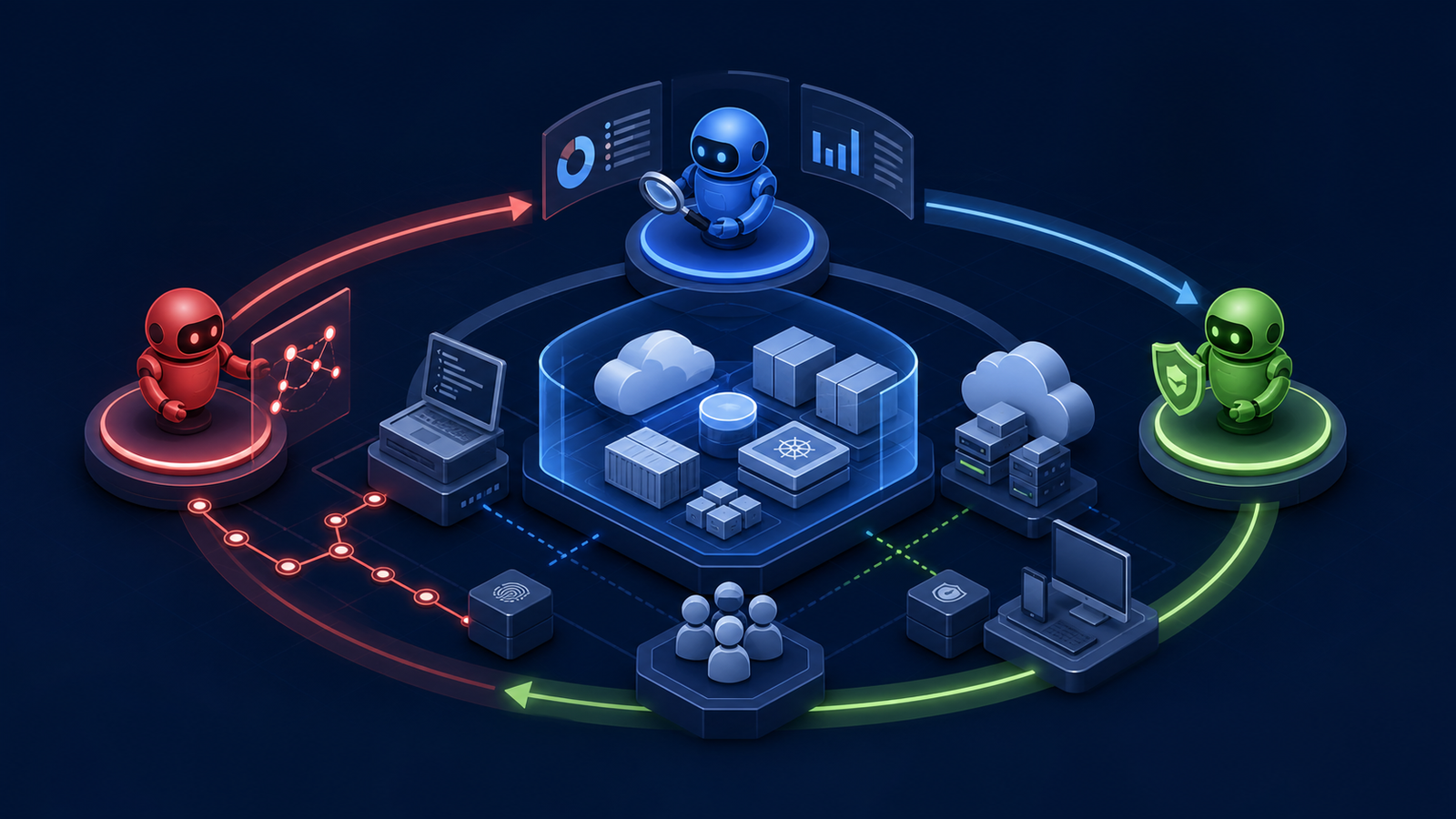 Red, blue and green AI security agents coordinate discovery, investigation and remediation around a cloud platform.