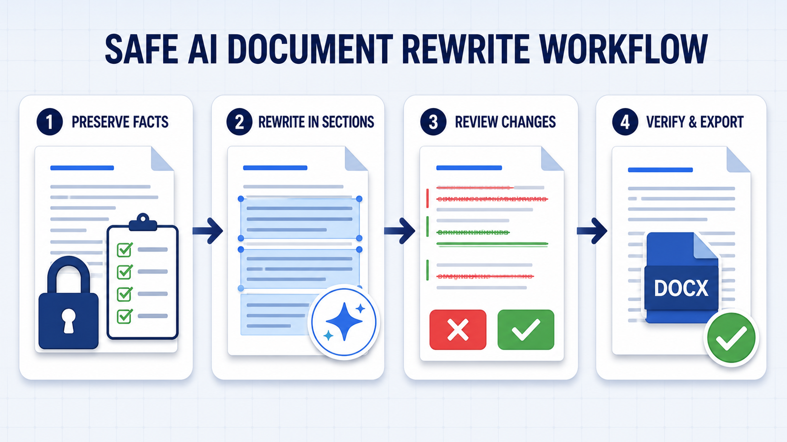 Safe AI document rewrite workflow: preserve facts, rewrite in sections, review changes, verify and export