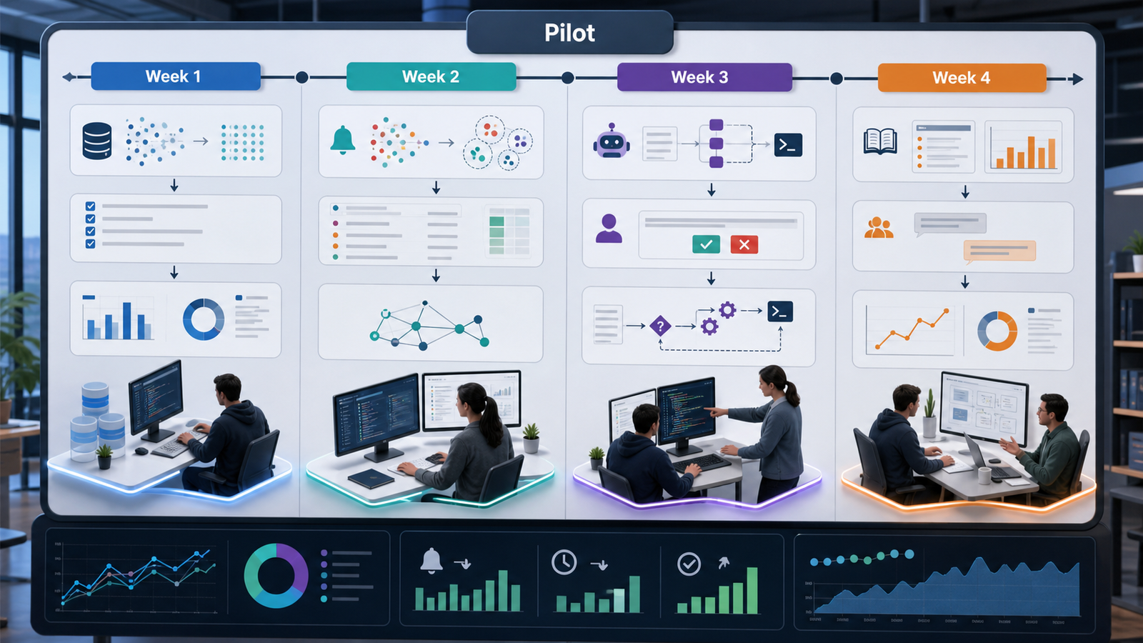 Four-week AIOps pilot timeline for DevOps teams moving from data cleanup to alert grouping, approved runbooks, and measured improvement.