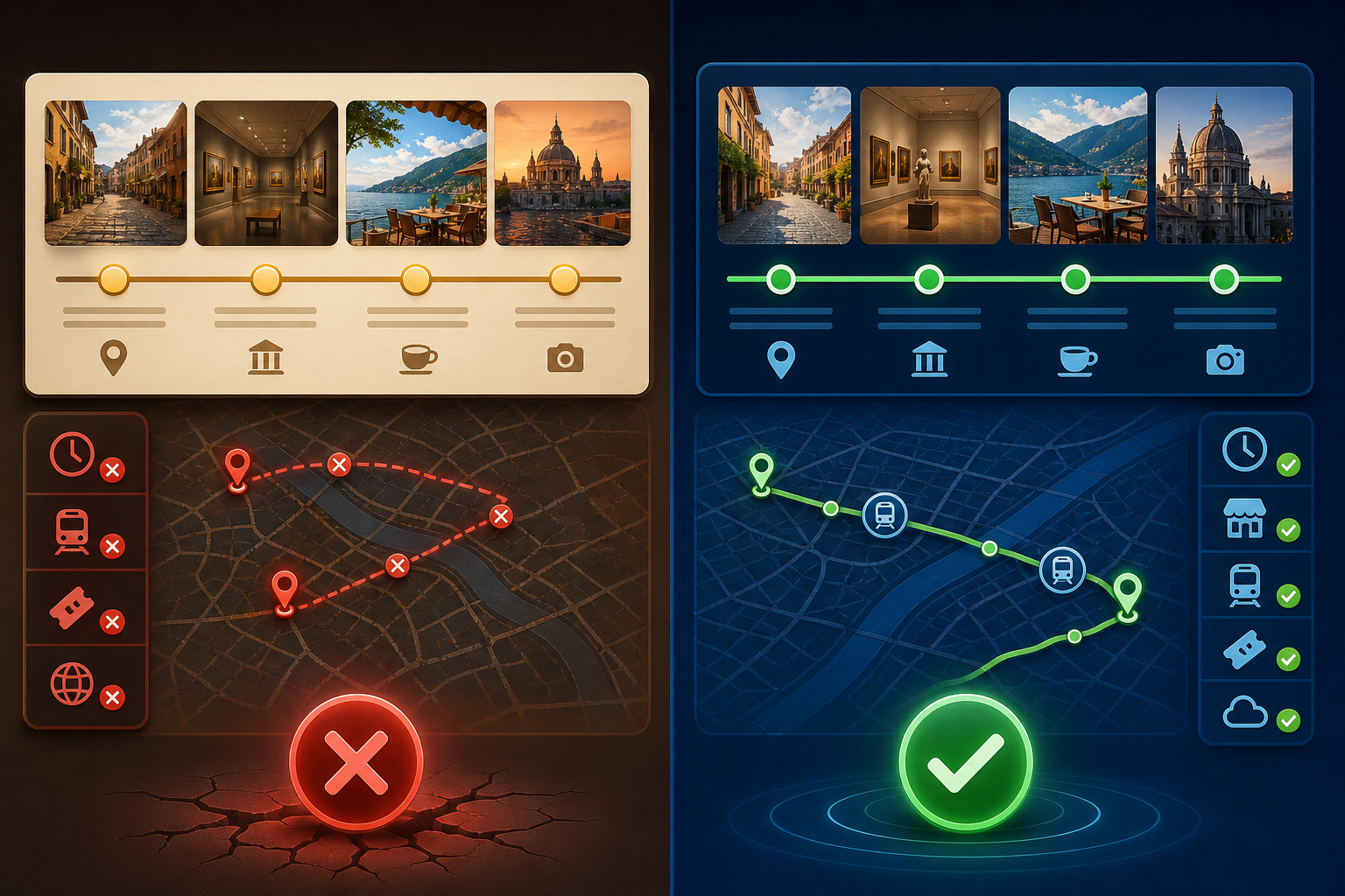 Comparison of a polished but infeasible AI-generated itinerary with a verified route that checks hours and transit links
