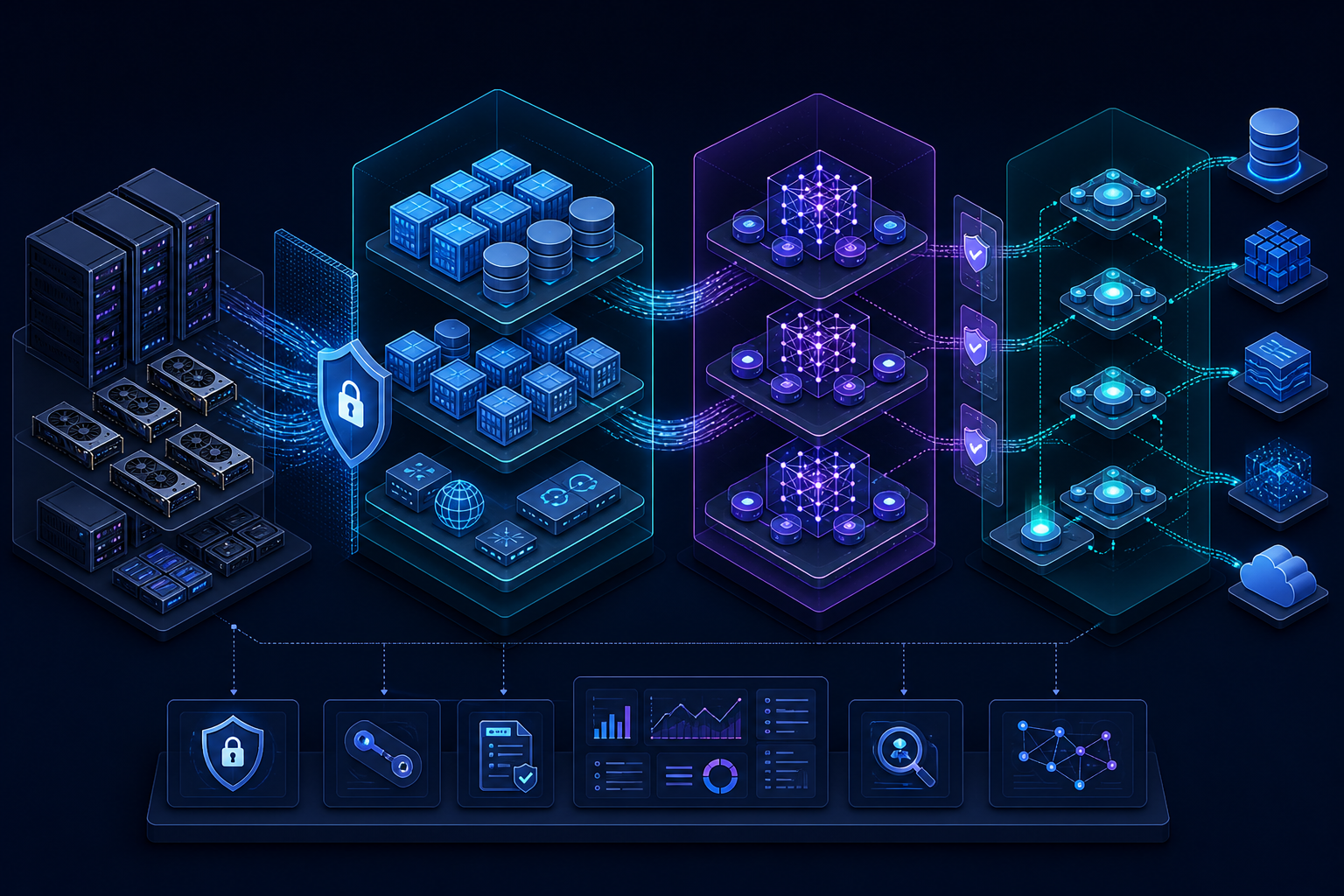 Layered private AI architecture connecting heterogeneous servers, shared model runtimes, policy checkpoints, governed data and agent workloads