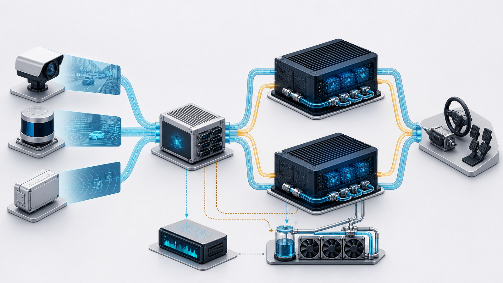Architecture illustration showing sensor data flowing through specialised edge AI processing into redundant compute engines and vehicle control