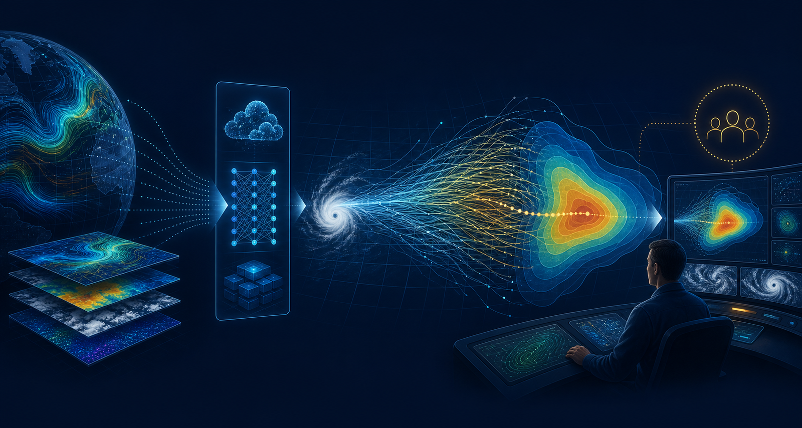 Atmospheric data flowing through an AI model into multiple cyclone forecast tracks, probability zones and a human review station