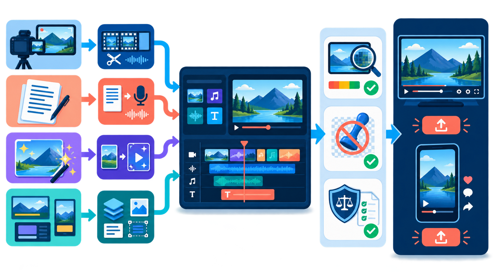 Comparison workflow for choosing free AI video generators for YouTube by footage, script, generated clips and final export
