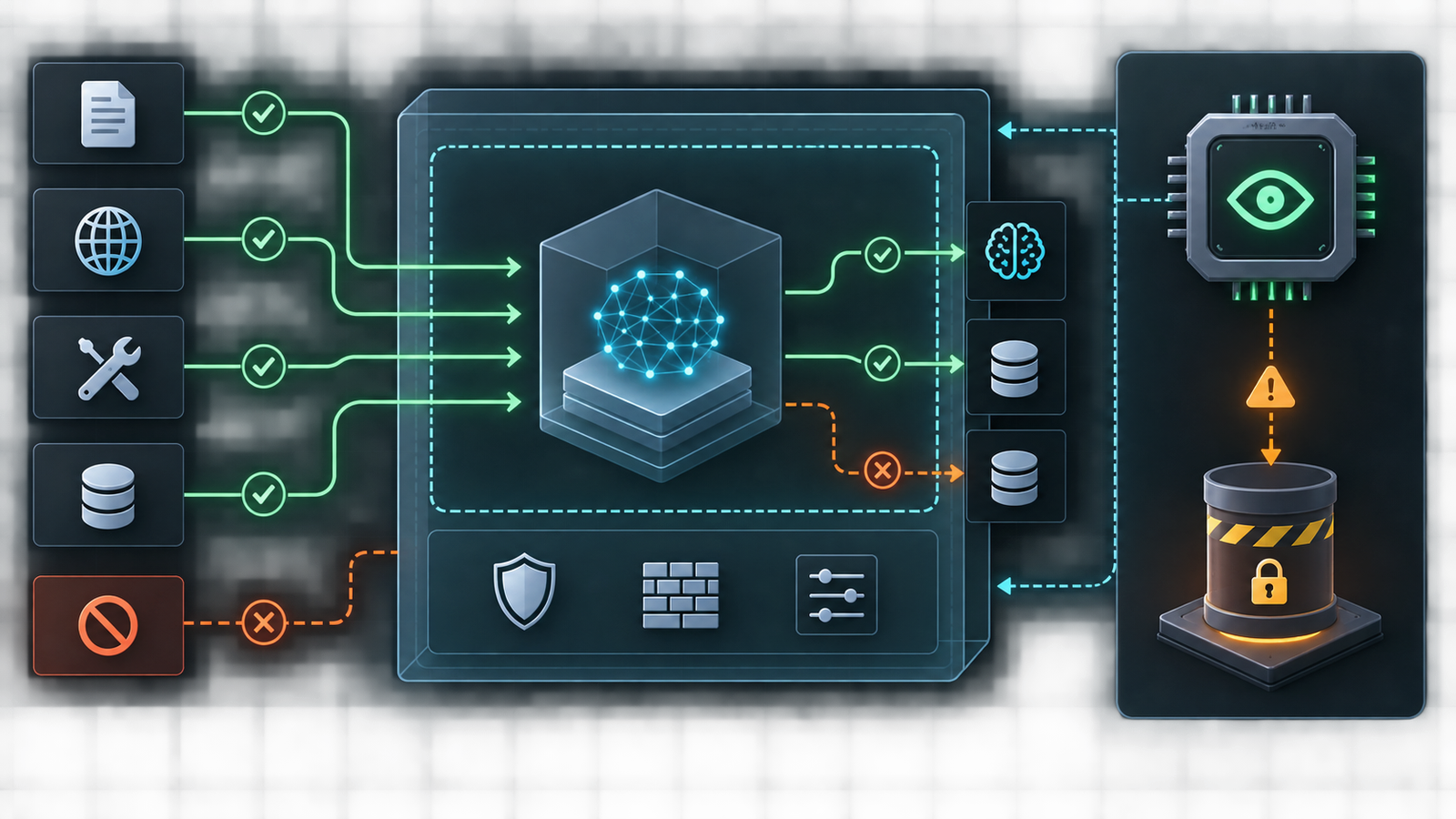 Layered AI agent runtime with approved file, network, tool and data paths plus an independent hardware watchdog that can quarantine the workload